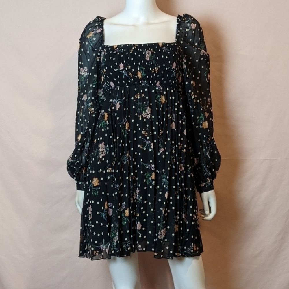 ASOS Floral Pleated Mini Skater Long Sleeve Square Neck Dotted Dress in Black 2